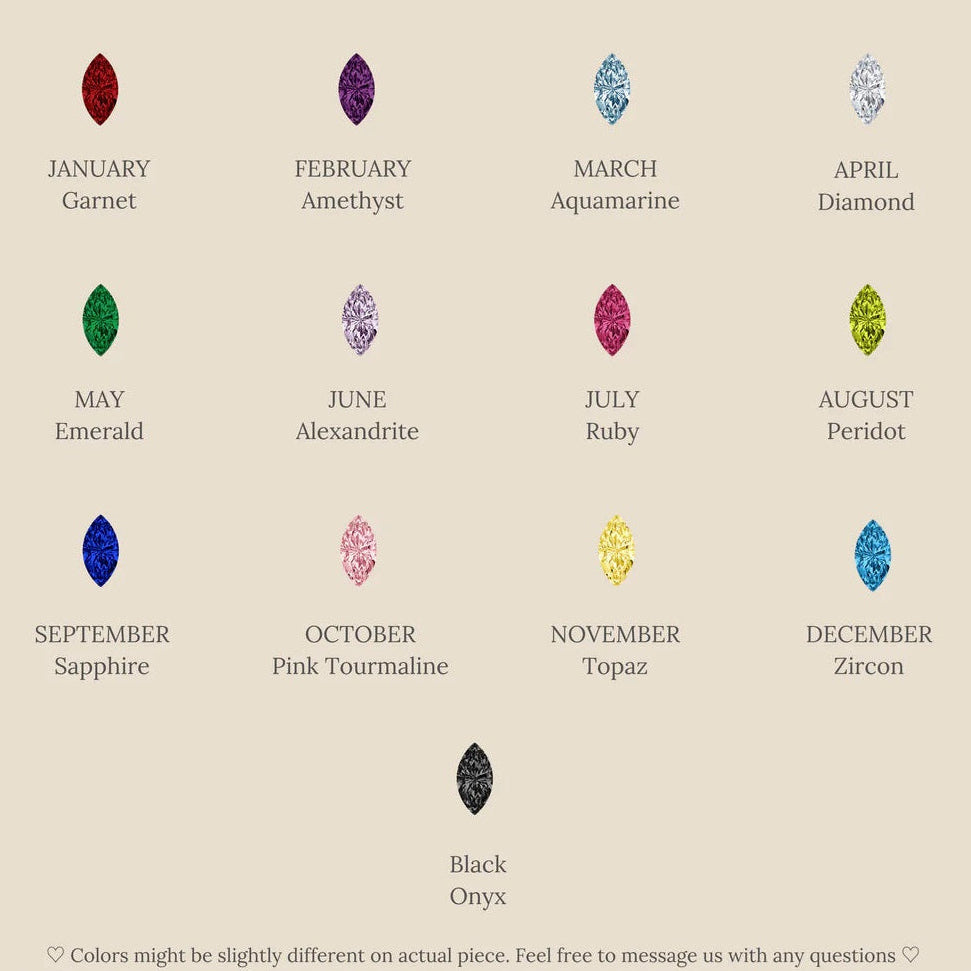 Birthstone chart by CaitlynMinimalist with gemstones for each month on a beige background.
