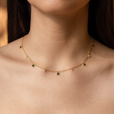 Timeless Elegance: Emerald Diamond Station Necklace 18K Gold