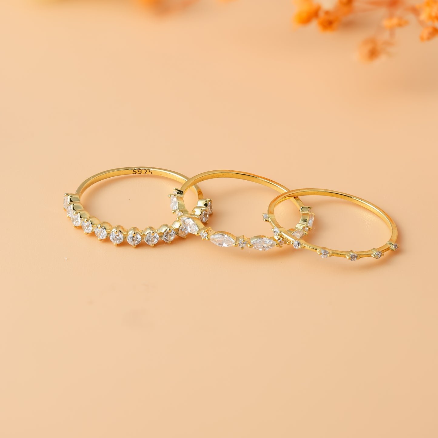 Three-piece diamond stacking ring set with minimalist design For Women/Girls