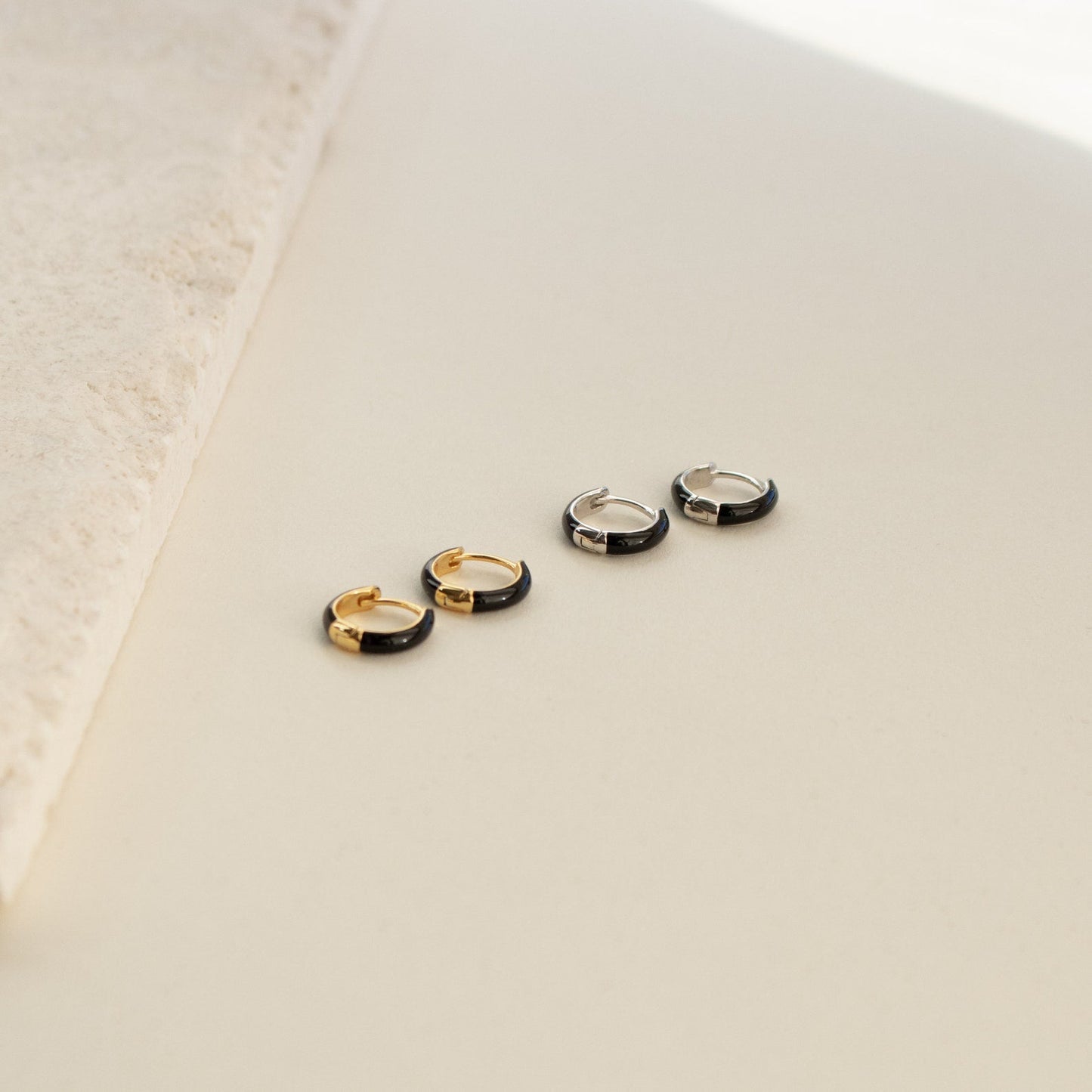 Black Enamel Huggie Hoops