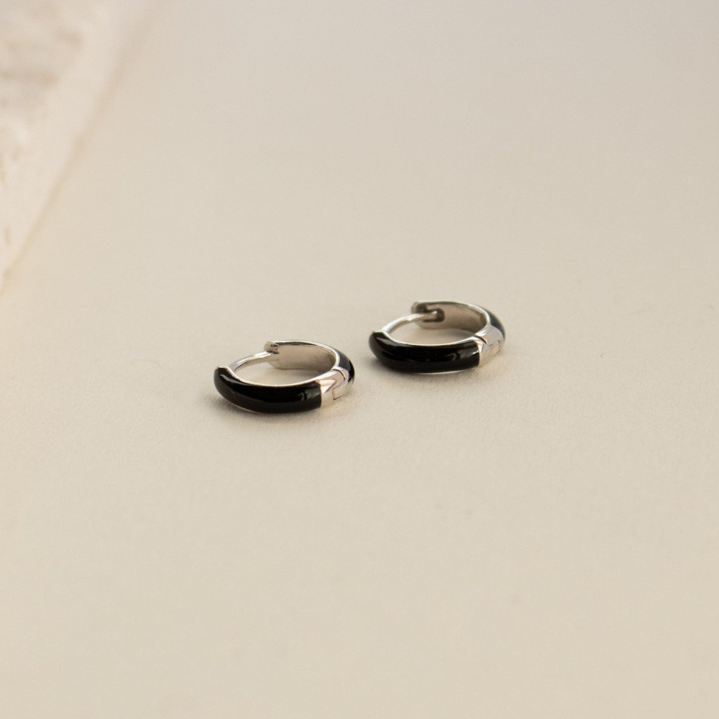 Black Enamel Huggie Hoops Sterling Silver