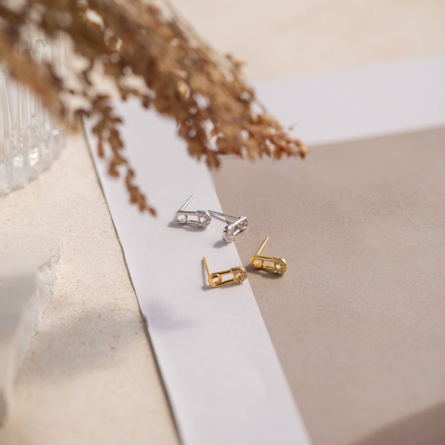 Silver & Gold Tiny Pave Safety Pin Studs For Women/Girls