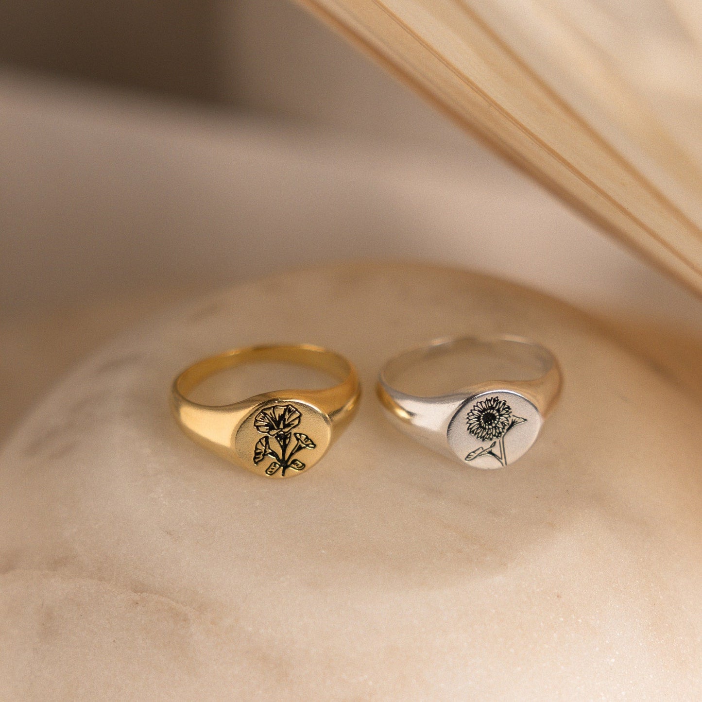 Birth Flower Signet Ring Rose Gold