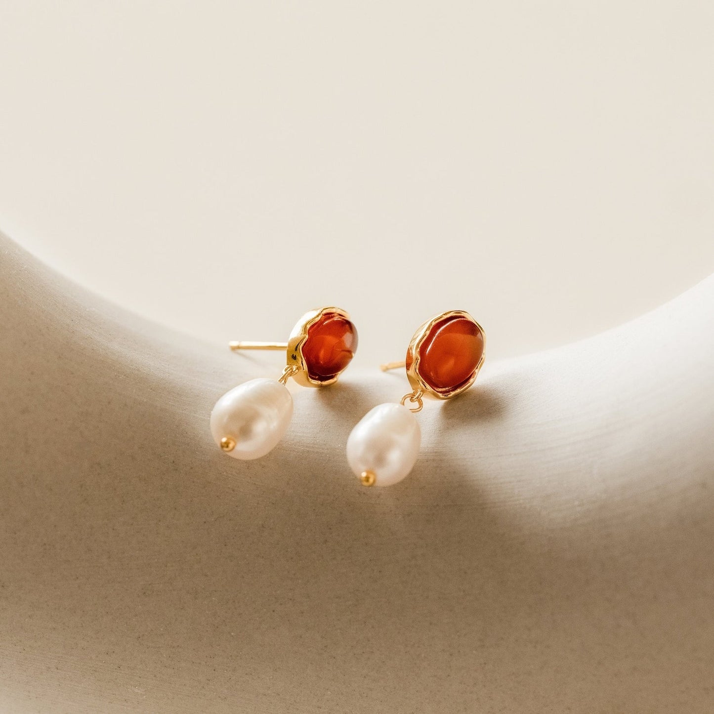 Harmony and Elegance: Carnelian and Pearl Dangle Earrings 18K Gold
