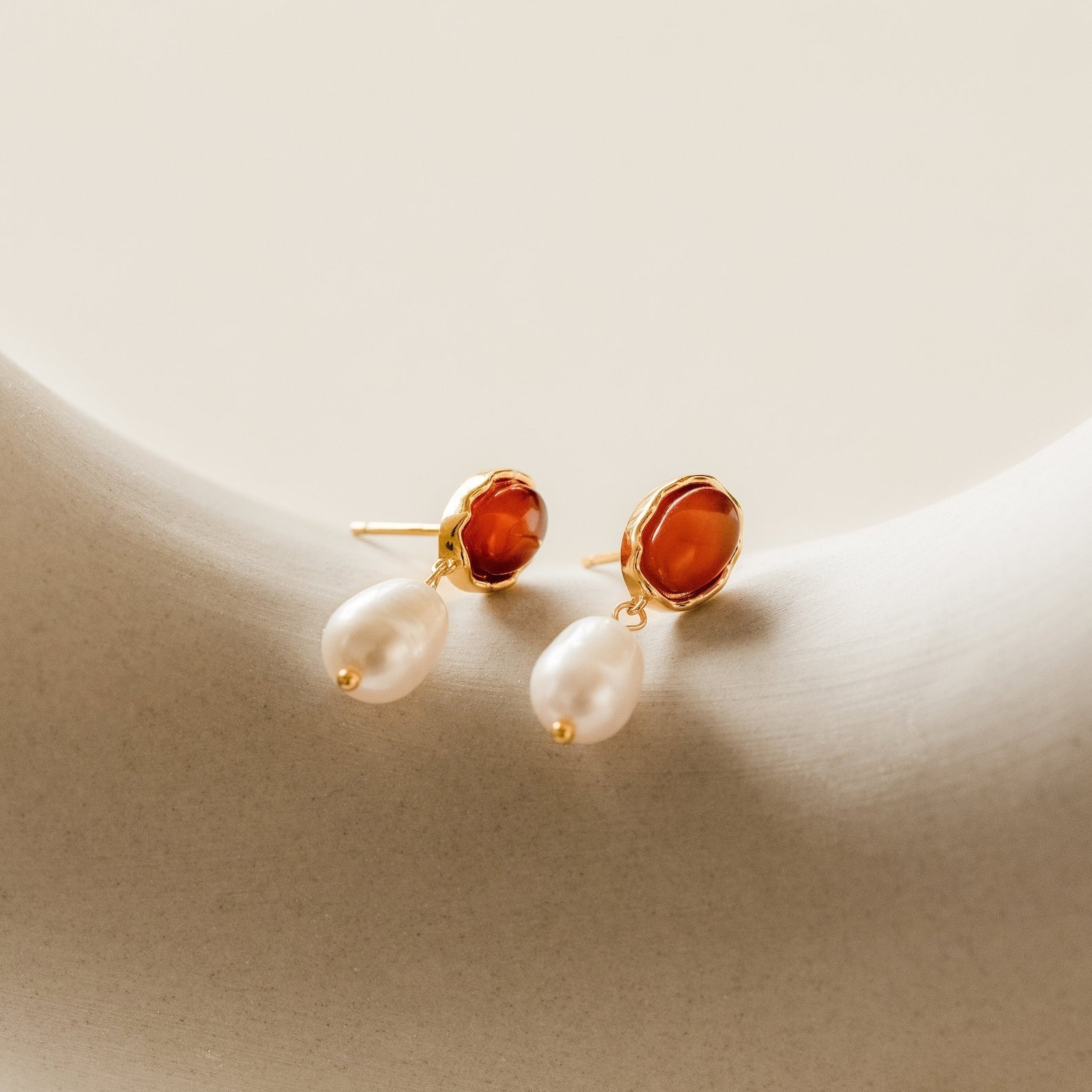 Harmony and Elegance: Carnelian and Pearl Dangle Earrings 18K Gold