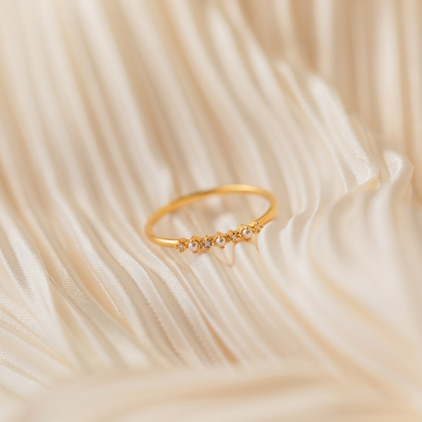 Vintage Glamour: Gold Pearl Diamond Stacking Ring