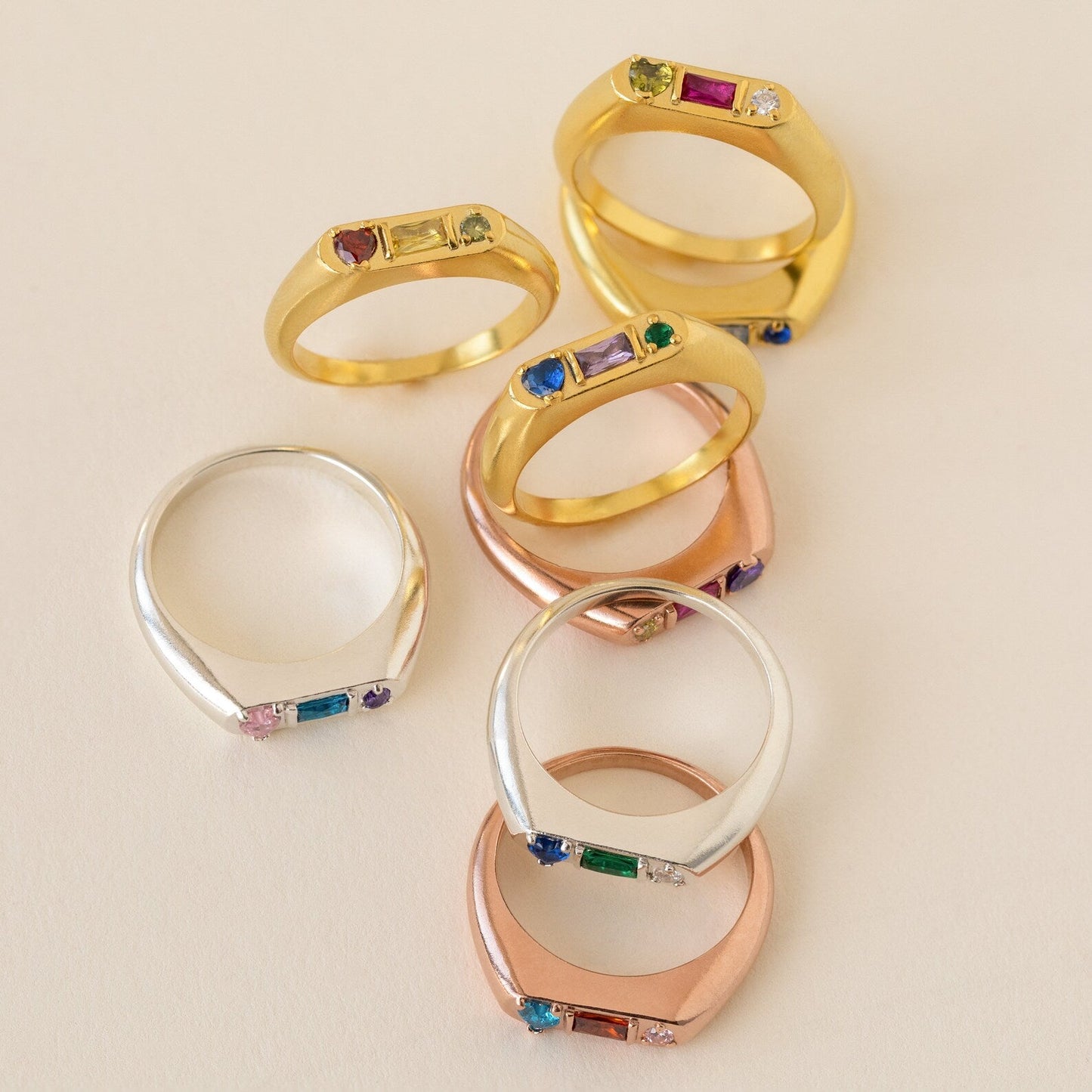 Tri-Gemstone Birthstone Signet Ring Sterling Silver
