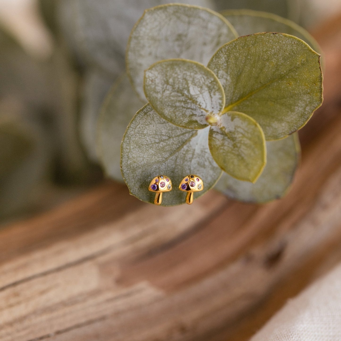 Enchanted Forest: Mushroom Stud Earrings with CZ Diamonds