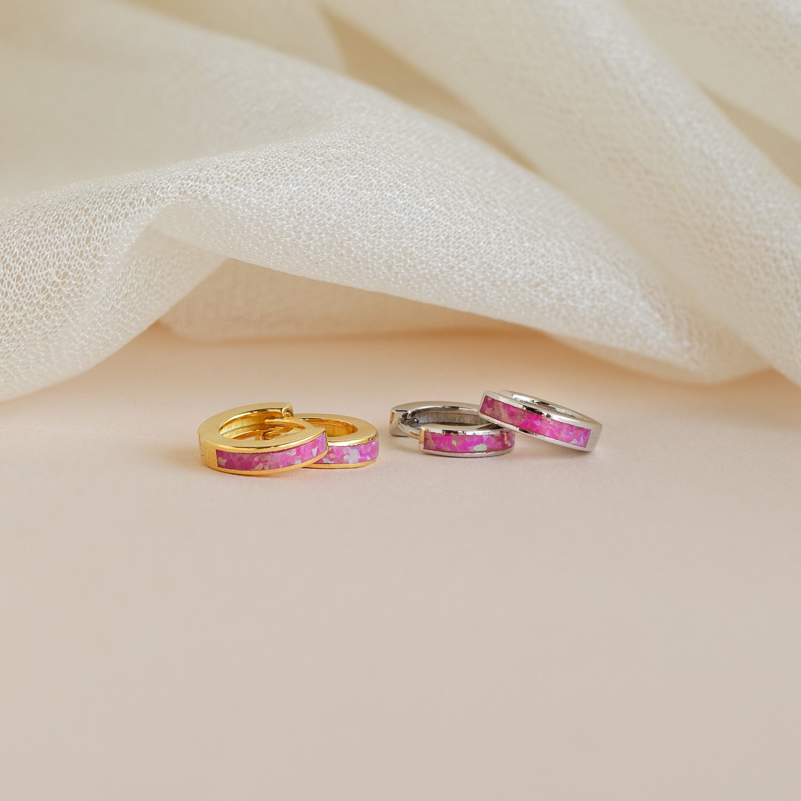 Exquisite Magenta Opal Inlay Huggie Hoop Earrings Sterling Silver
