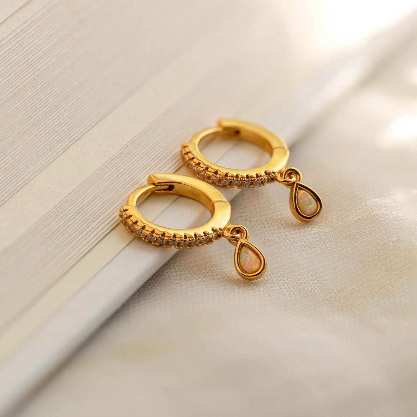 Opal Drop Huggies 18K Gold