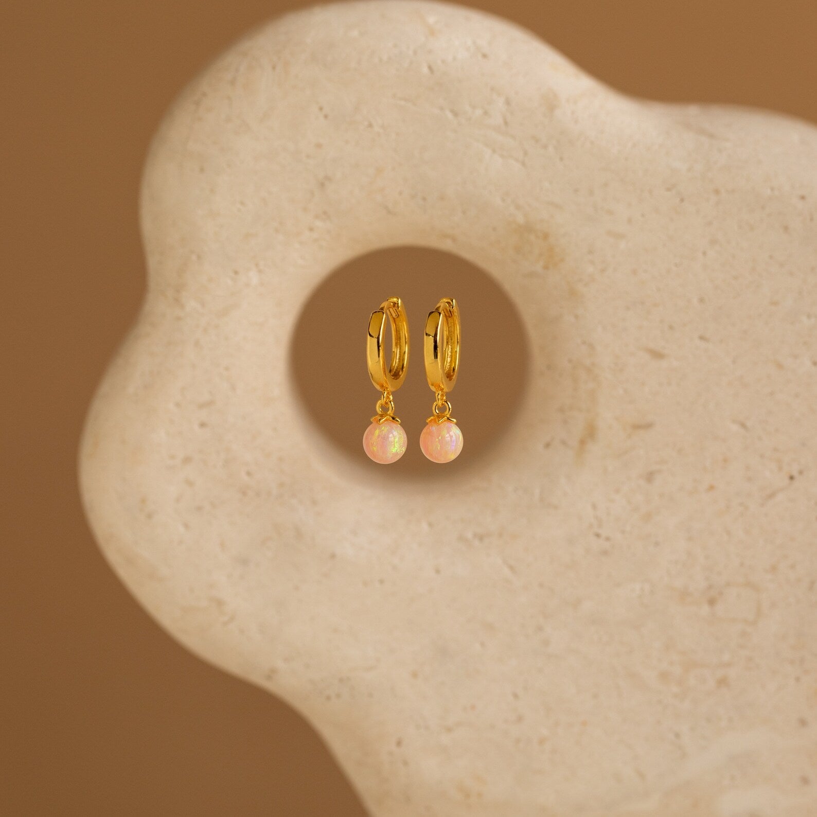 Pink Opal Drop Huggies 18K Gold