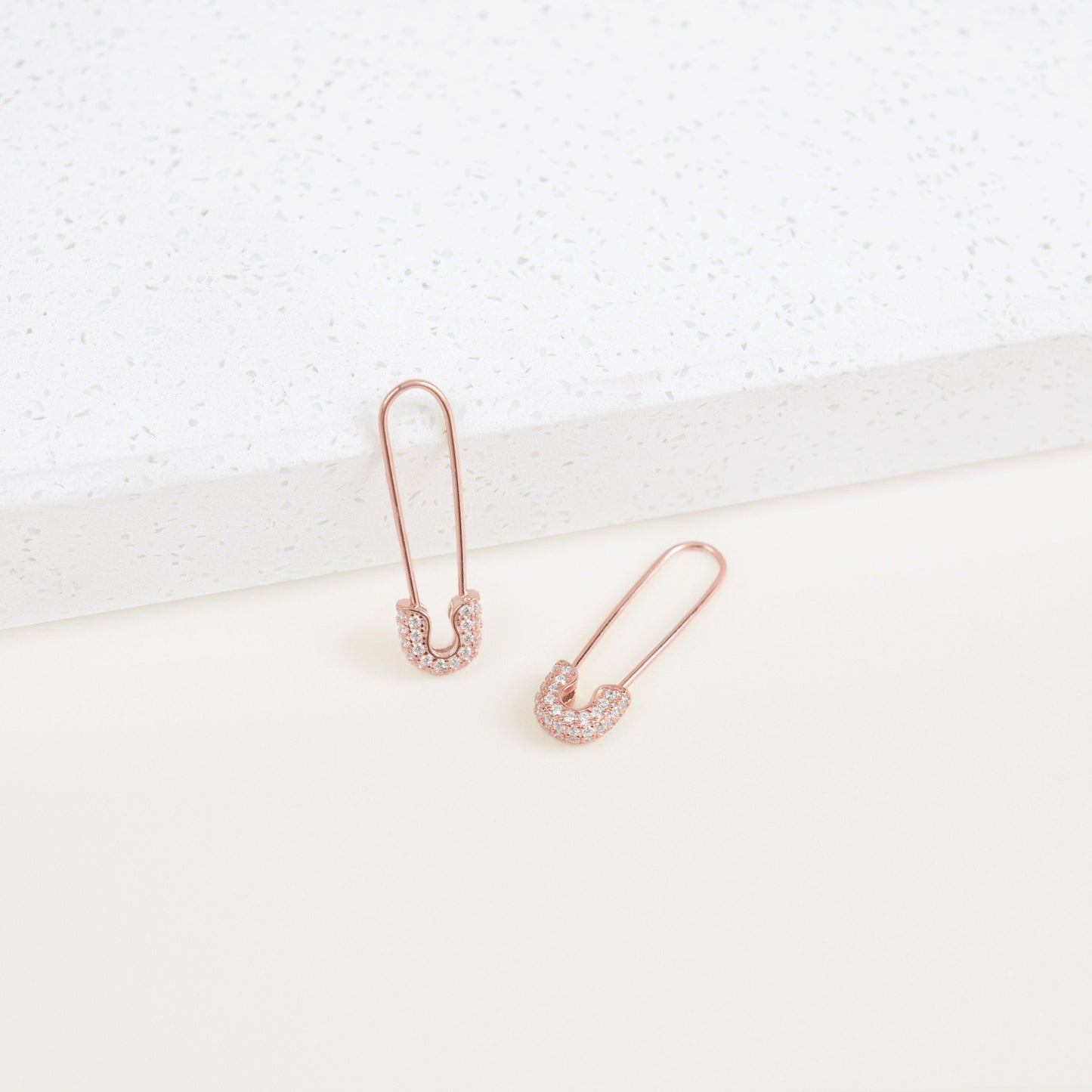 Pave Safety Pin Earrings in Rose Gold