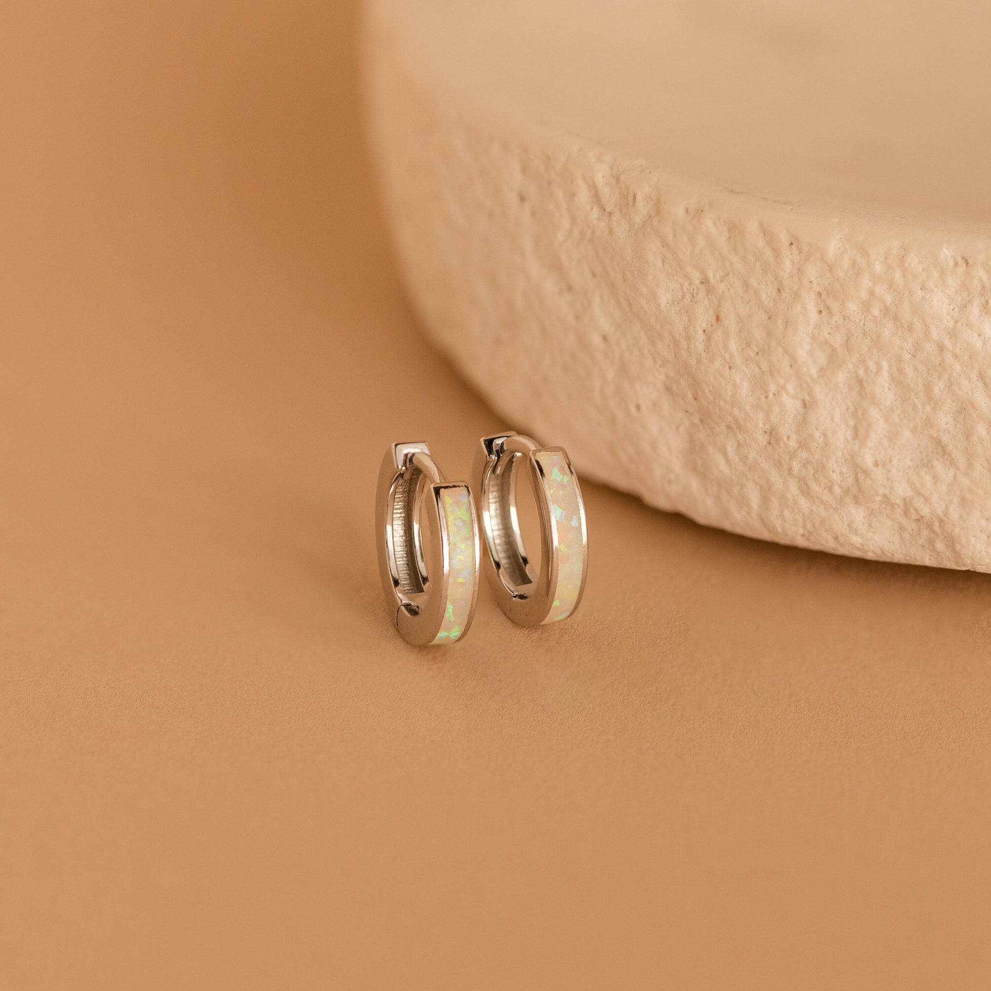 White Opal Inlay Huggies Sterling Silver