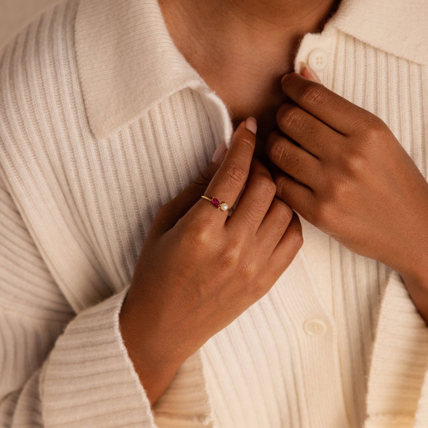 Personalized Elegance: Marquise Birthstone & Pearl Stackable Ring