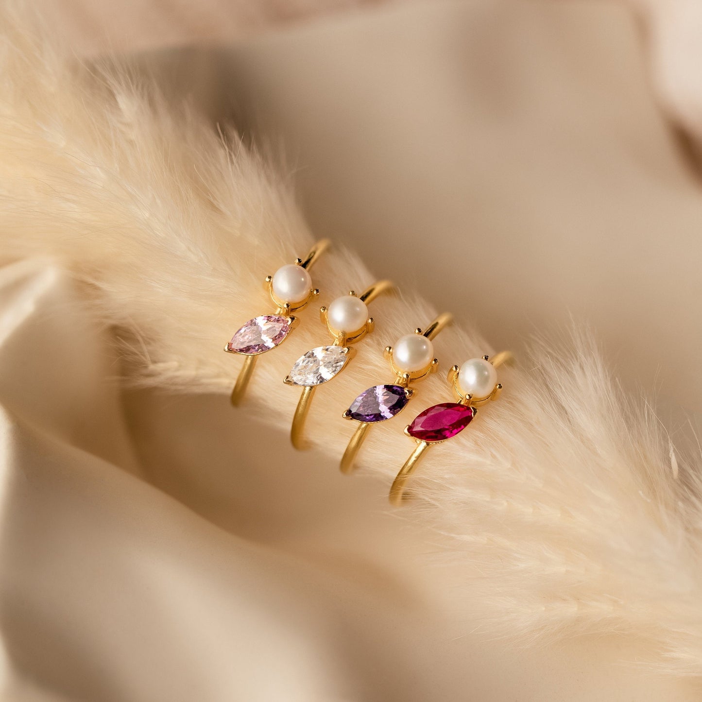 Personalized Elegance: Marquise Birthstone & Pearl Stackable Ring