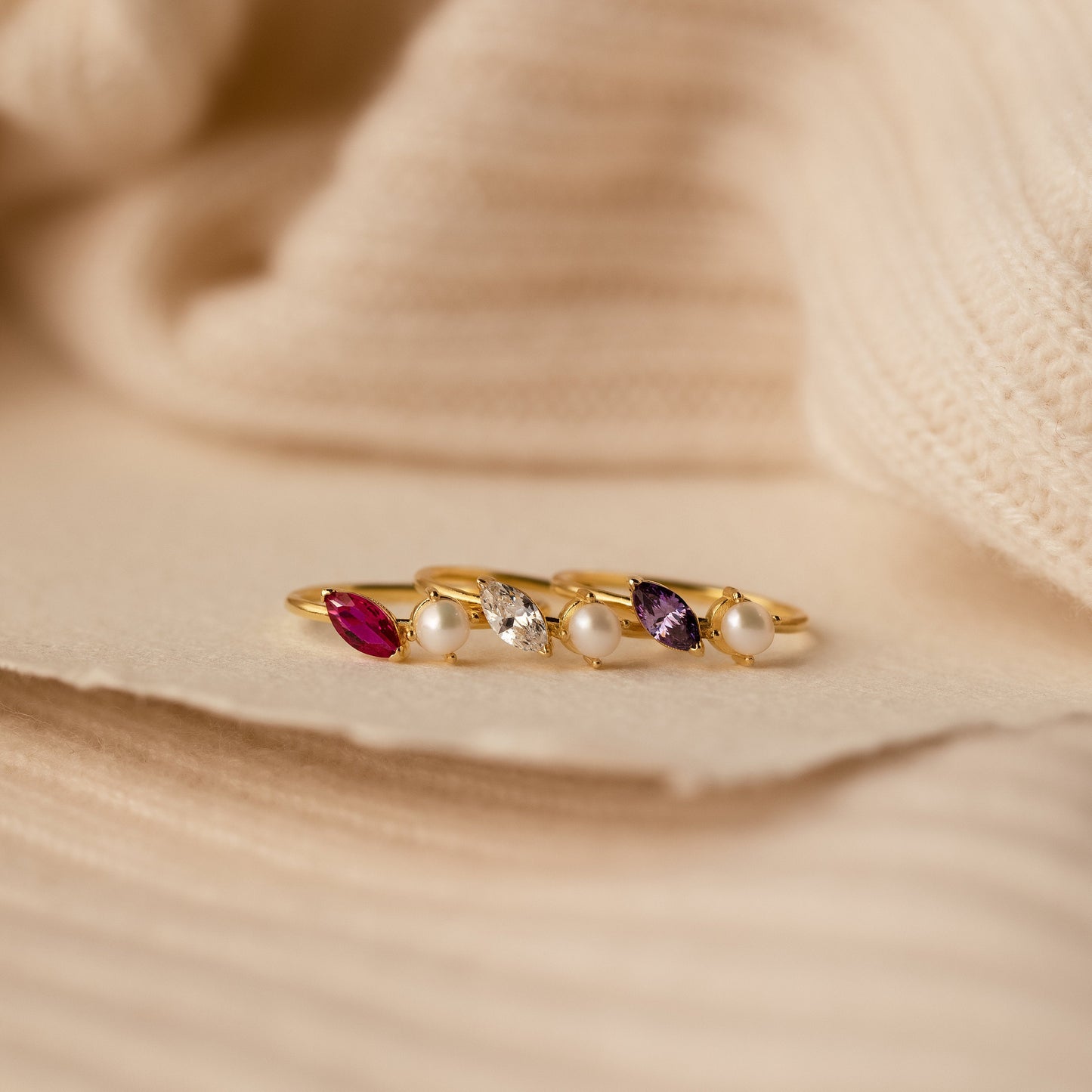 Personalized Elegance: Marquise Birthstone & Pearl Stackable Ring 18K Gold