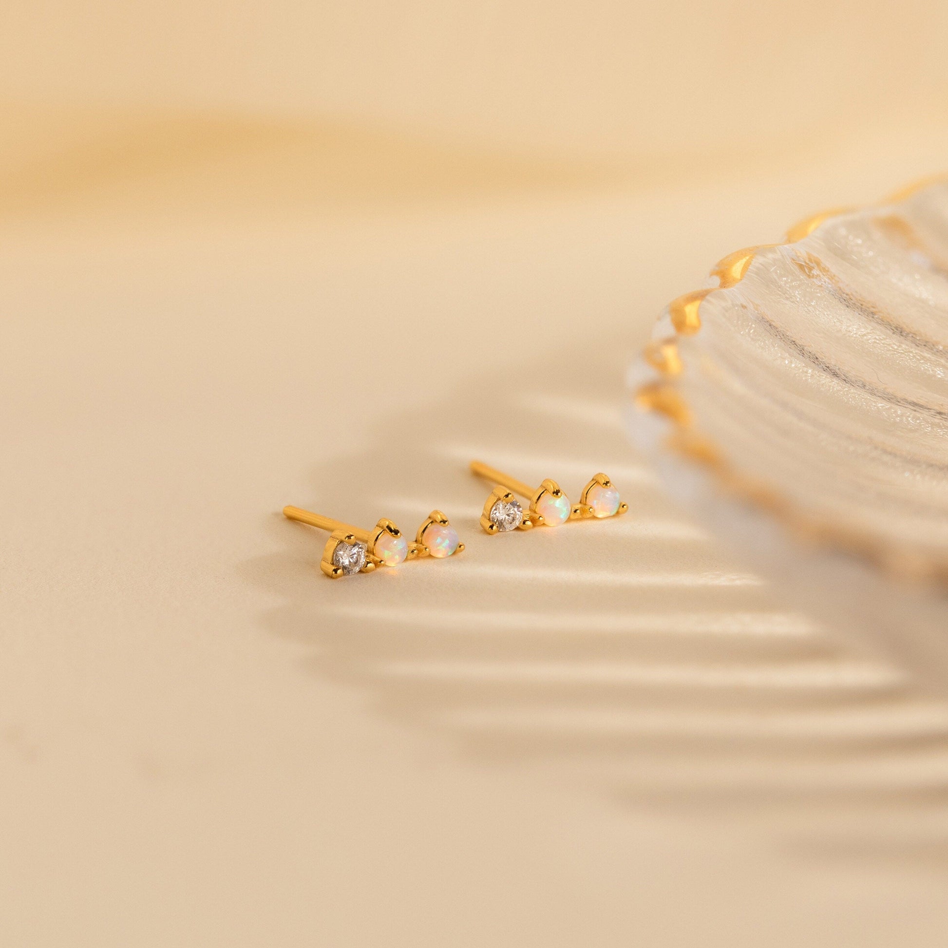 Opal Diamond Bar Studs 18K Gold