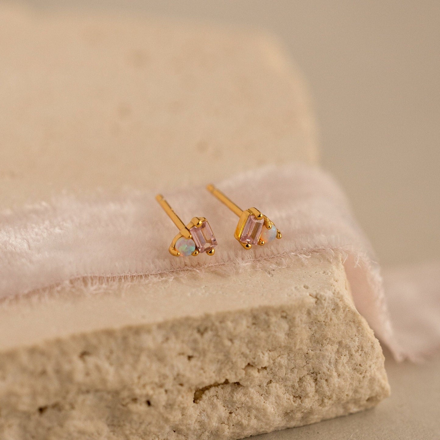 Pink Baguette Opal Studs 18K Gold