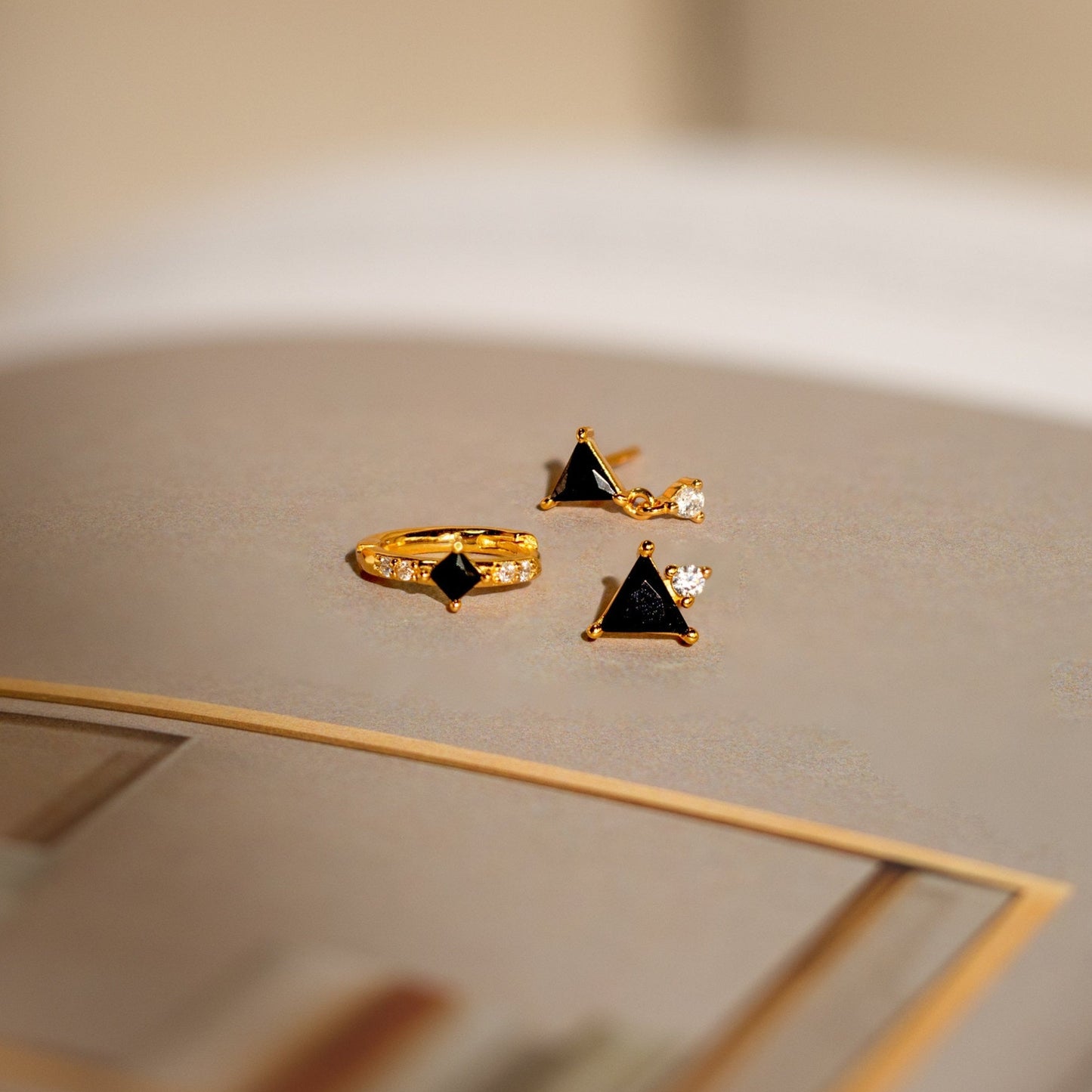 Black Art Deco Earrings Set Gold Plated