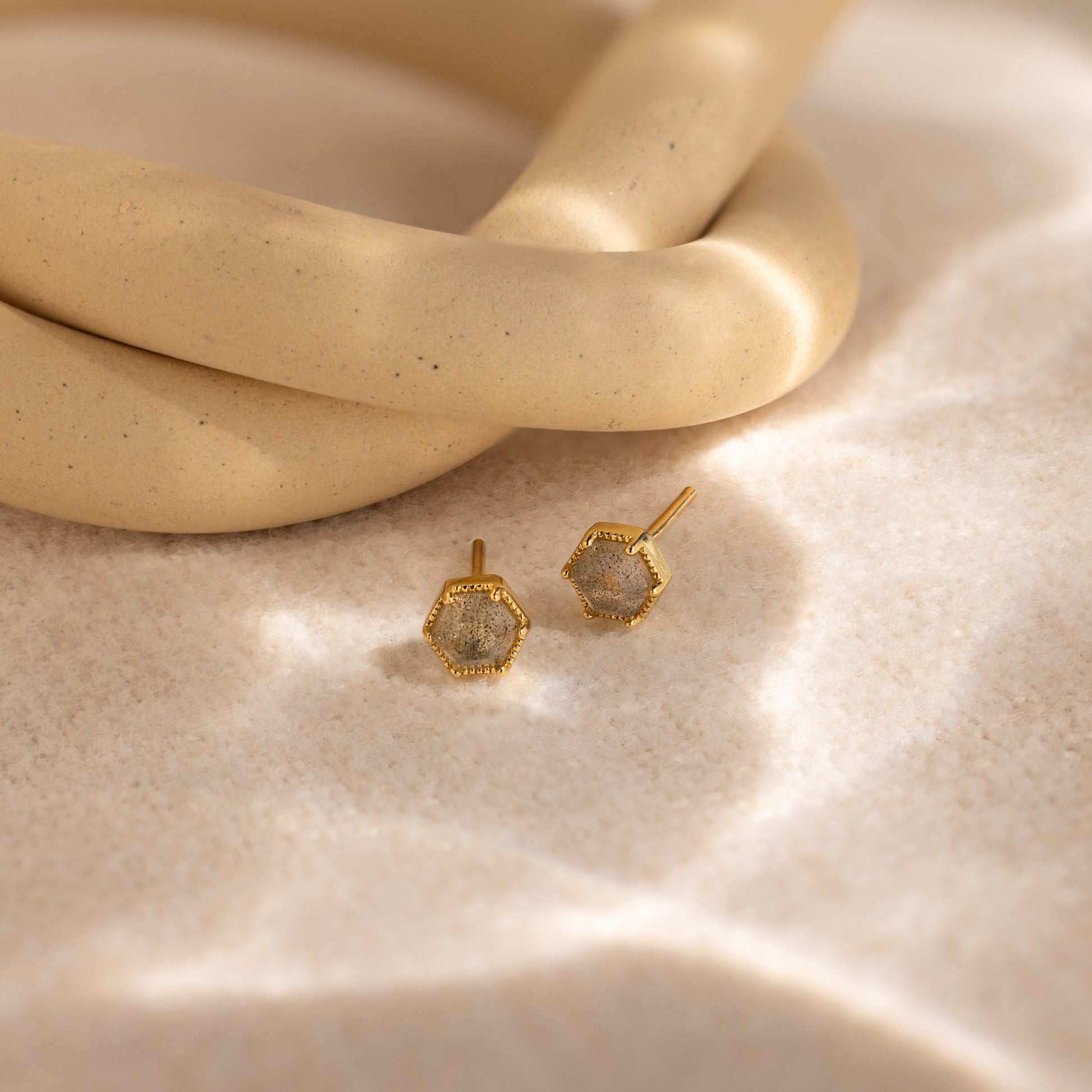 Labradorite Hexagon Studs 18K Gold