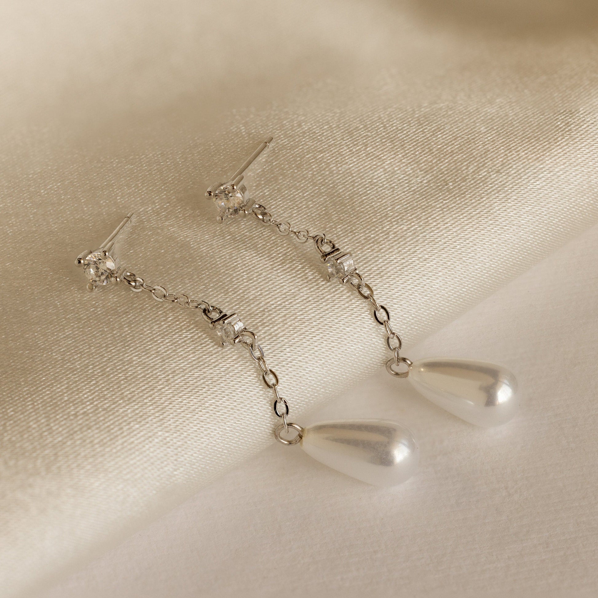 Diamond Pearl Chain Earrings Sterling Silver