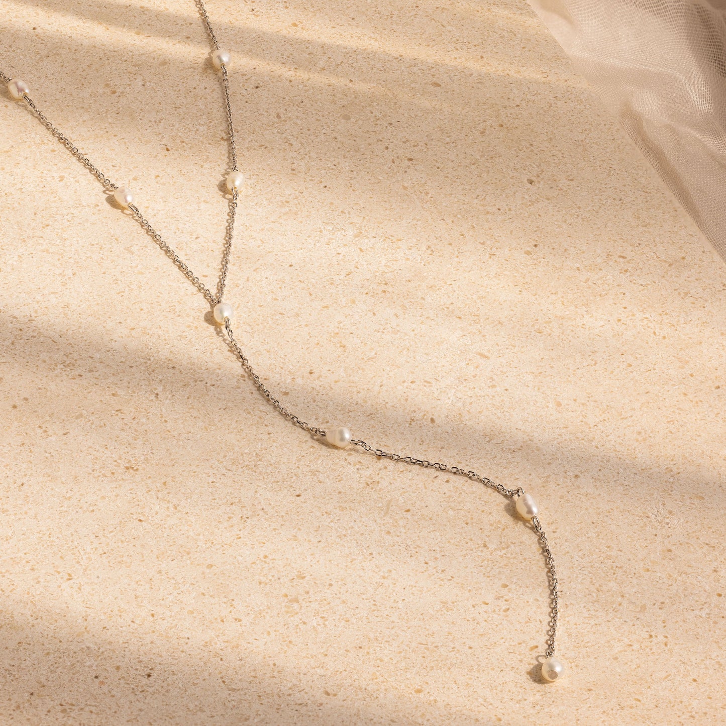 Pearl Station Lariat Necklace Sterling Silver