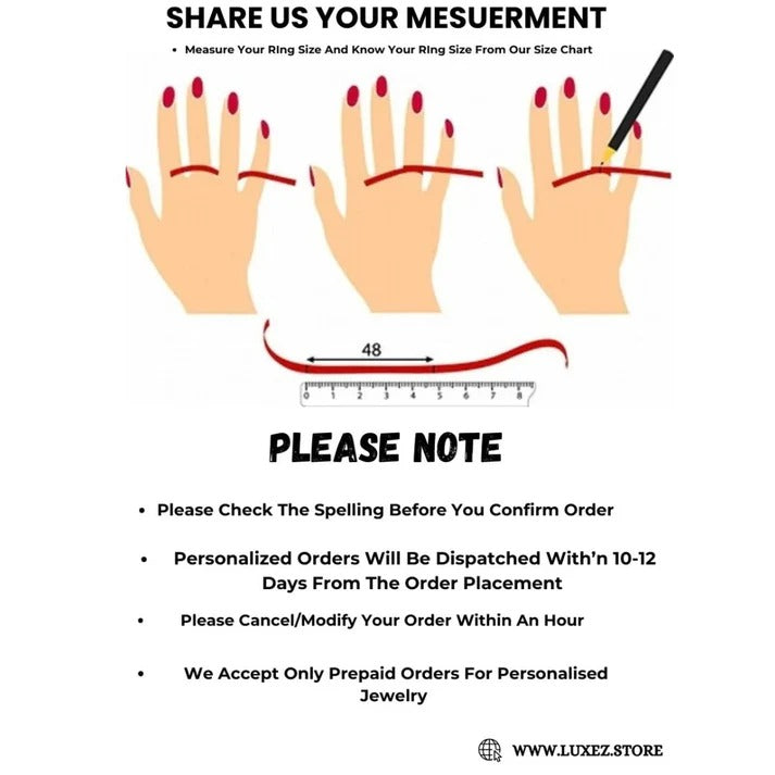 Ring size measurement chart with hands and ruler on a white background