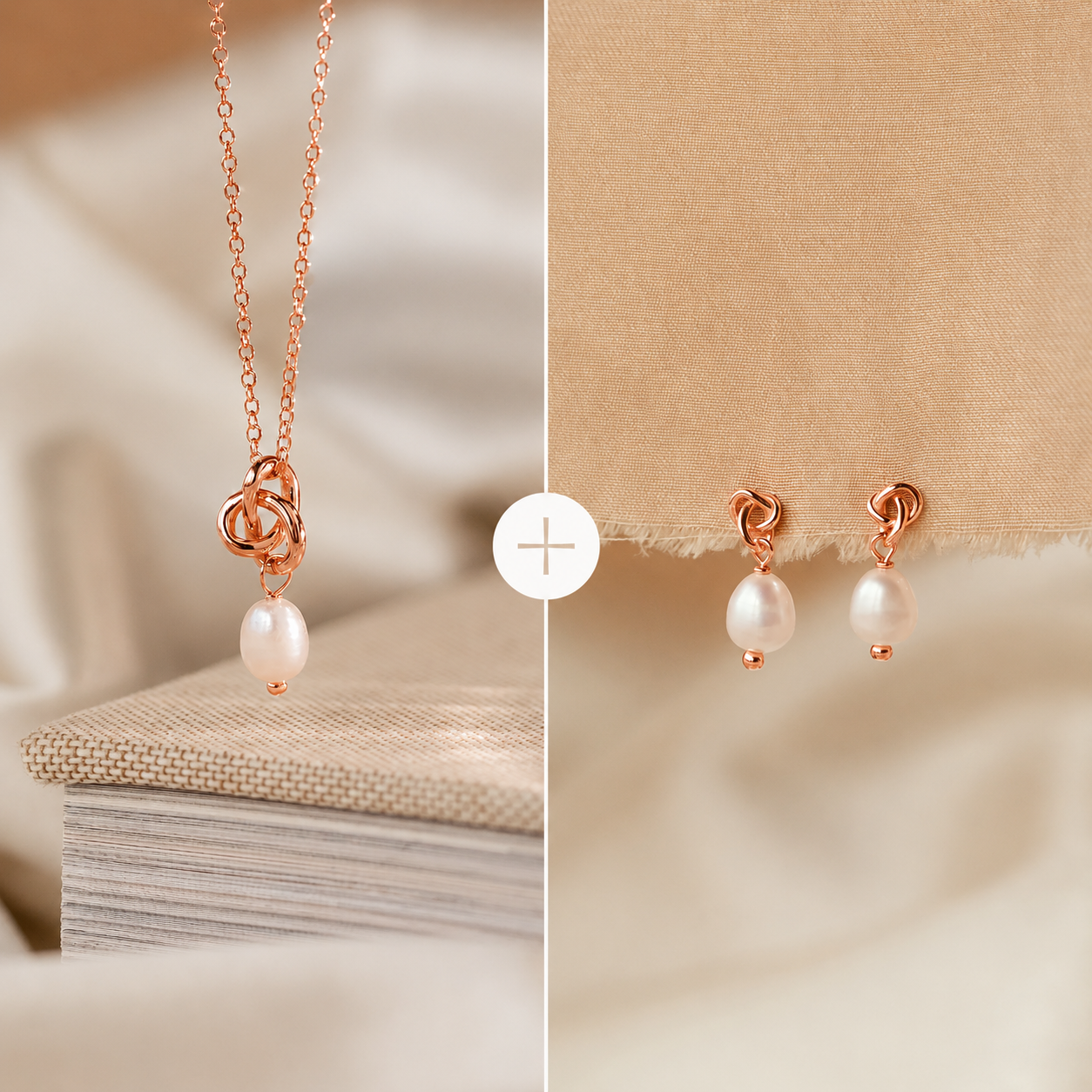 Rose gold necklace with pearl pendant on a beige background