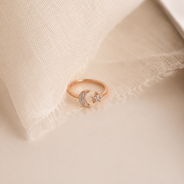 Pave Star and Moon Ring: Sterling Silver with 18K Gold Finish and Celestial Design