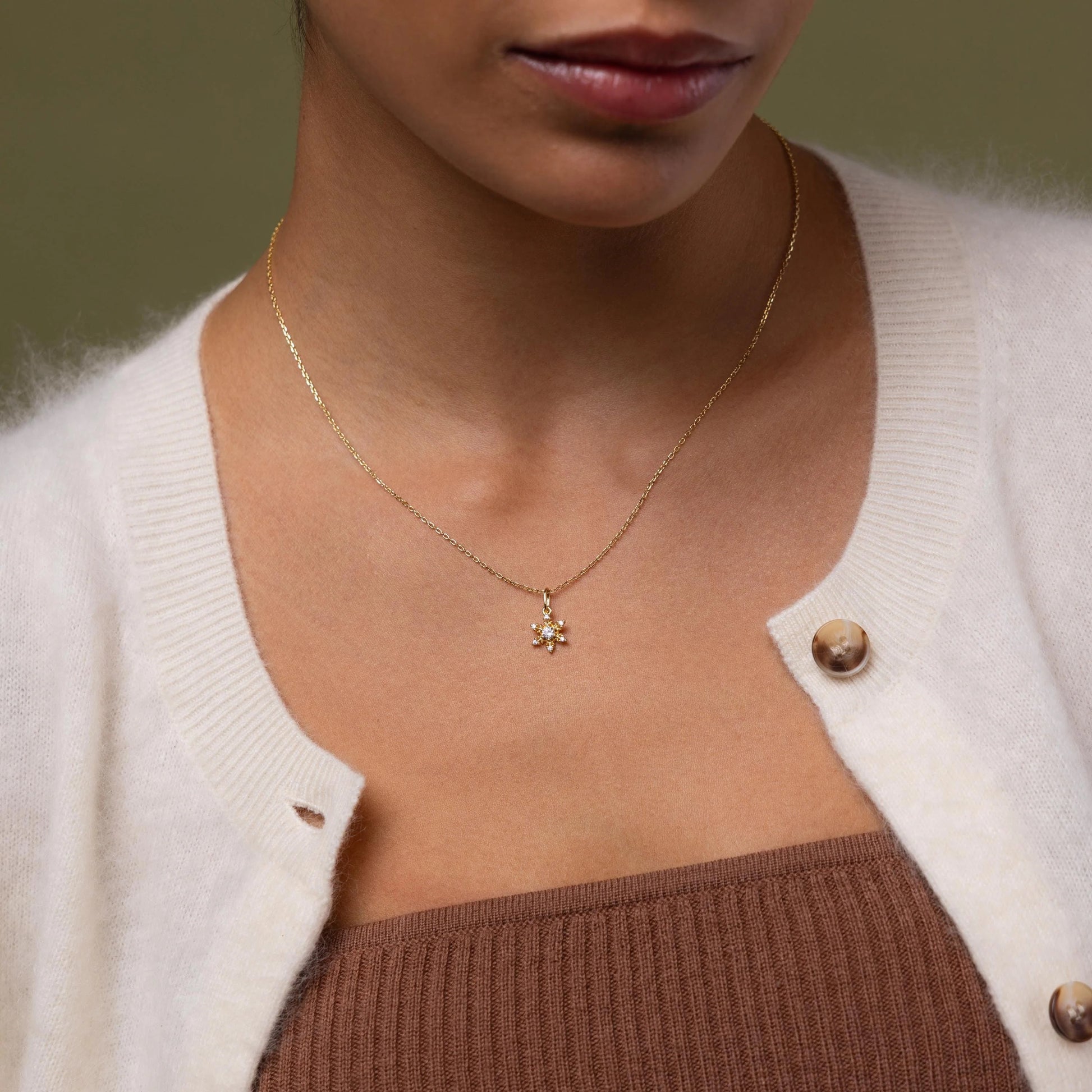 Woman wearing a gold necklace with a small pendant, dressed in a white cardigan and brown top.