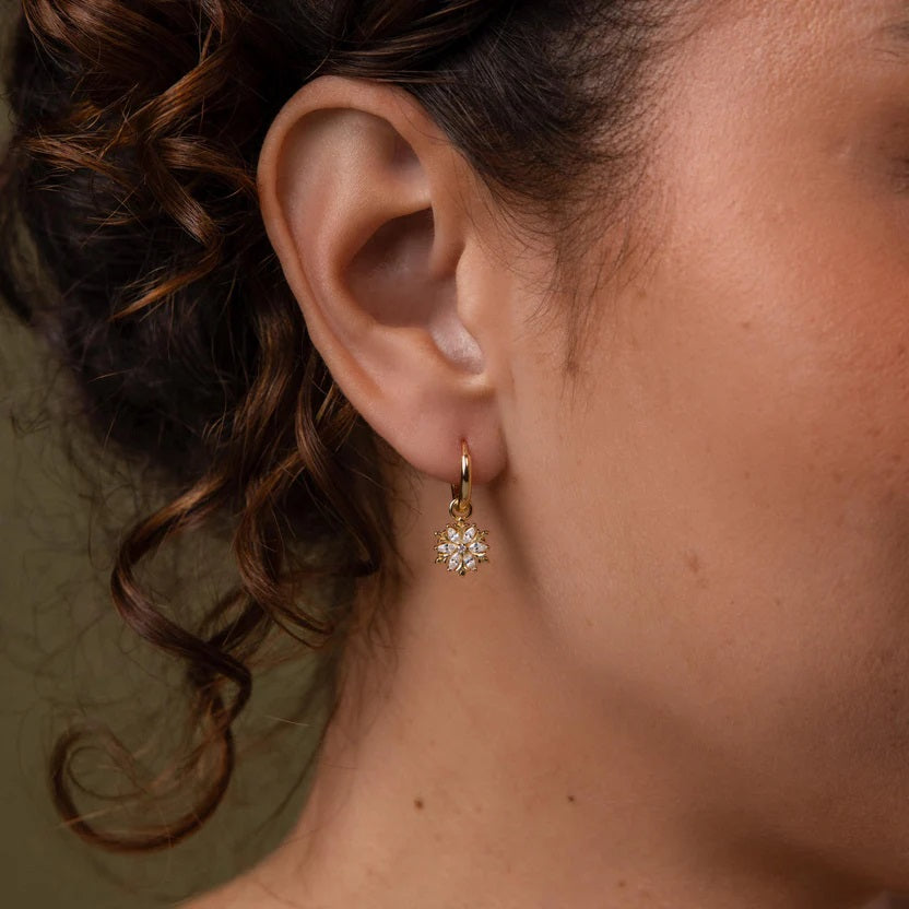 Close-up of an ear wearing a gold earring with a diamond-like stone.