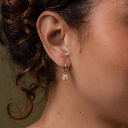 Close-up of an ear wearing a gold earring with a diamond-like stone.