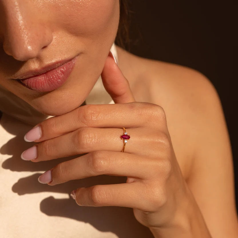 Close-up of a hand with a gold ring featuring a red gemstone, against a neutral background.