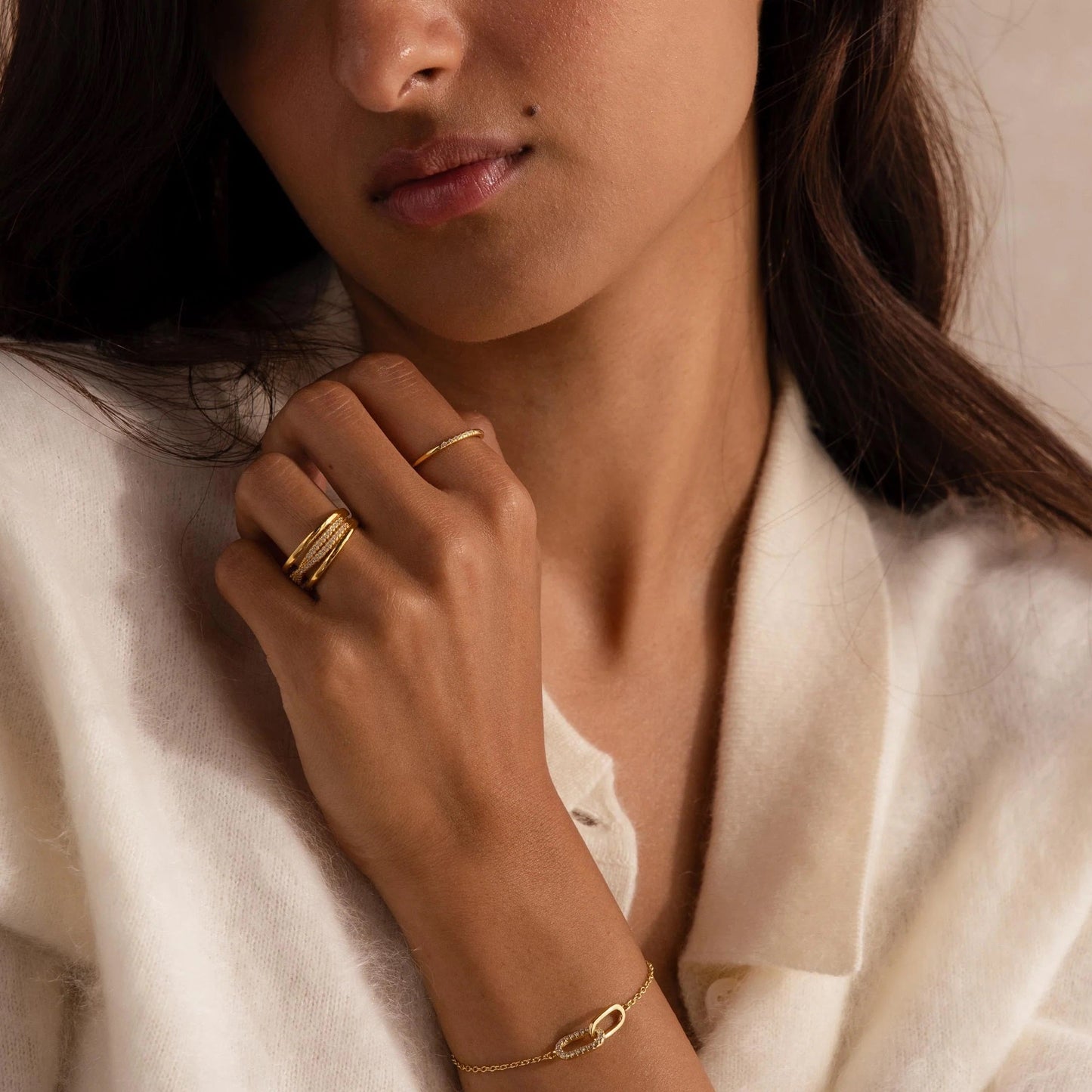  LUXEZ Jewels Noelle Pave Bracelet in 18K gold finish, showcasing minimalist luxury and timeless sparkle.