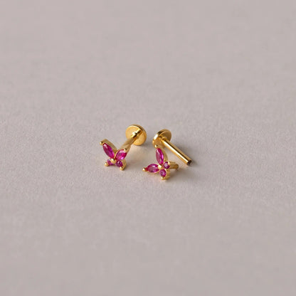 Mini Butterfly Birthstone Studs with july ruby birthstone