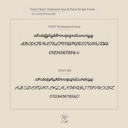 Font chart comparing 'Ann & Paris Script' fonts on a beige background