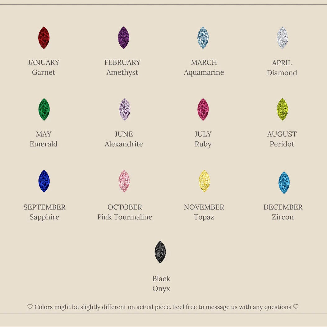 Birthstone chart by CaitlynMinimalist with gemstones for each month on a beige background.