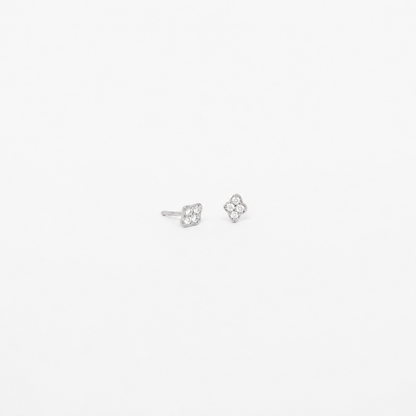 A pair of small silver stud earrings with a floral or clover-like openwork design, shown on a plain white background.