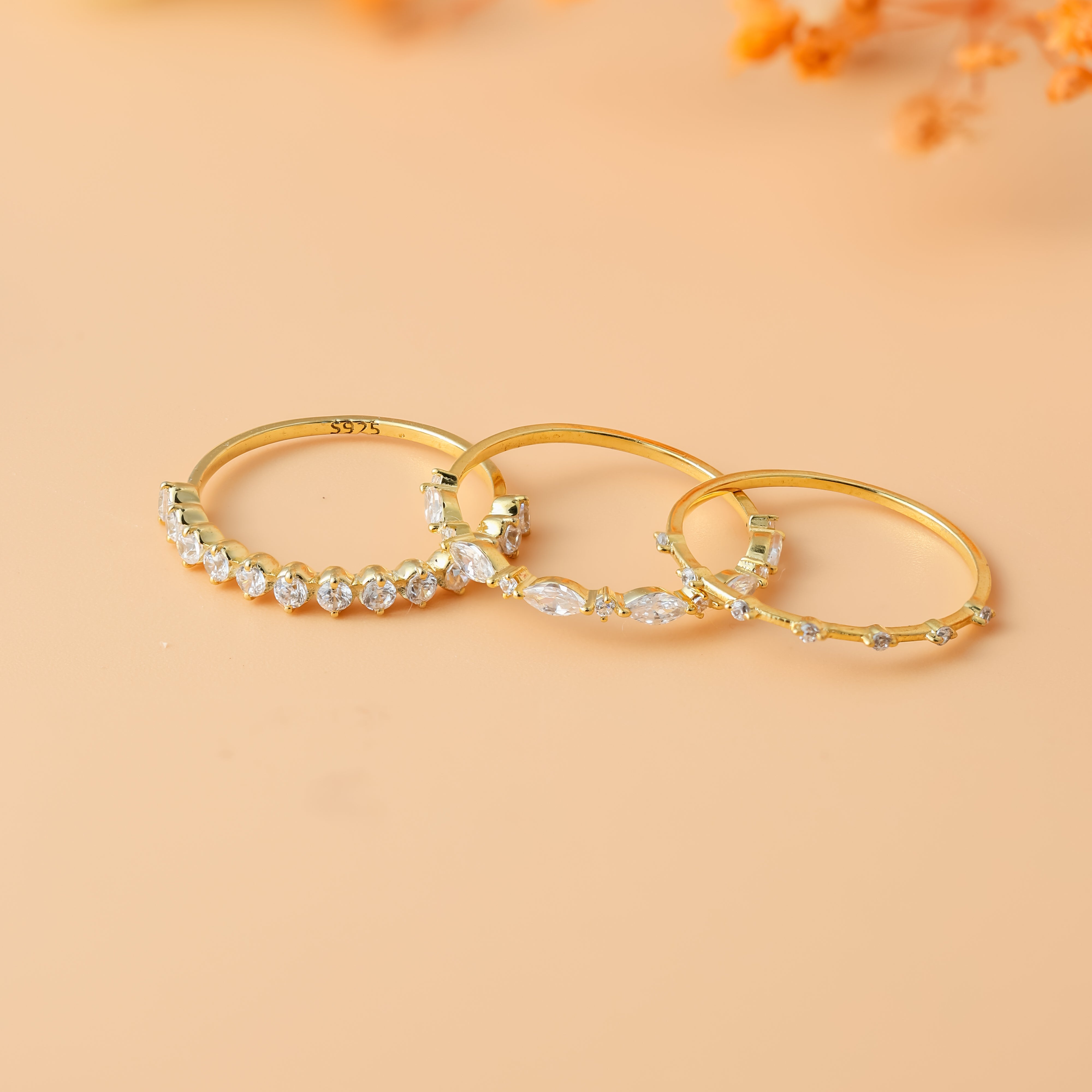 Three-piece diamond stacking ring set with minimalist design For Women/Girls