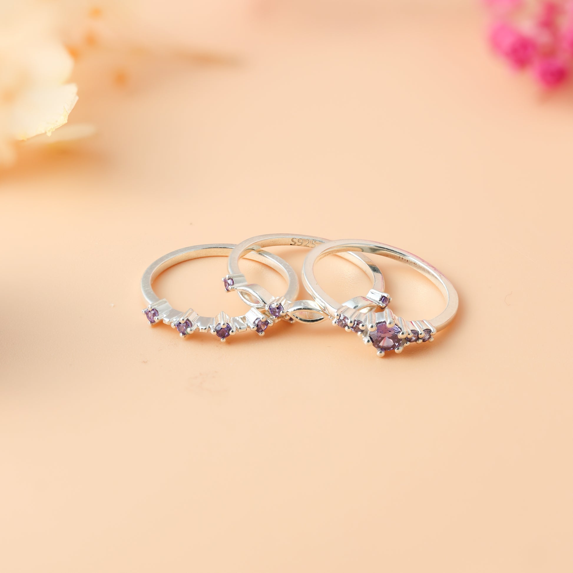 Silver Plated Amethyst Stacking Ring Set For Women/Girls