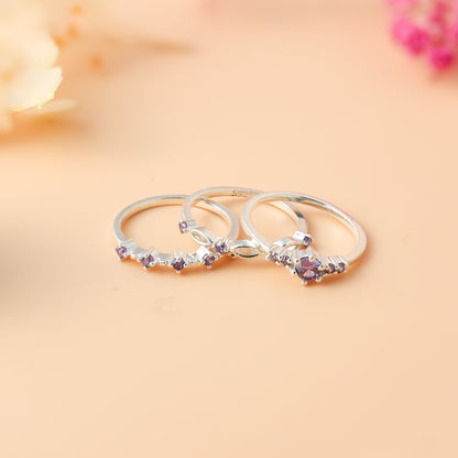 Silver Plated Amethyst Stacking Ring Set For Women/Girls