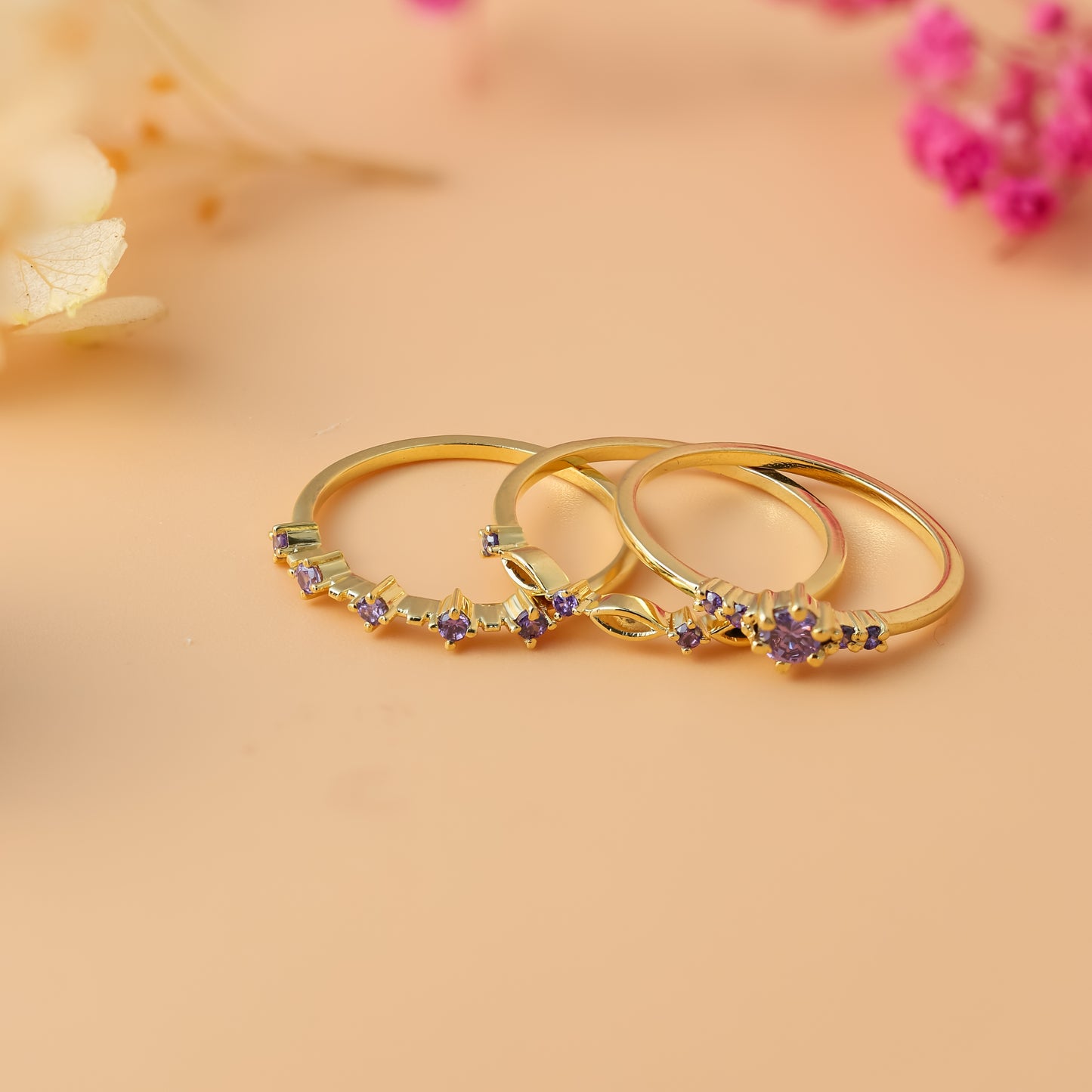 Gold Plated Amethyst Stacking Ring Set For Women/Girls