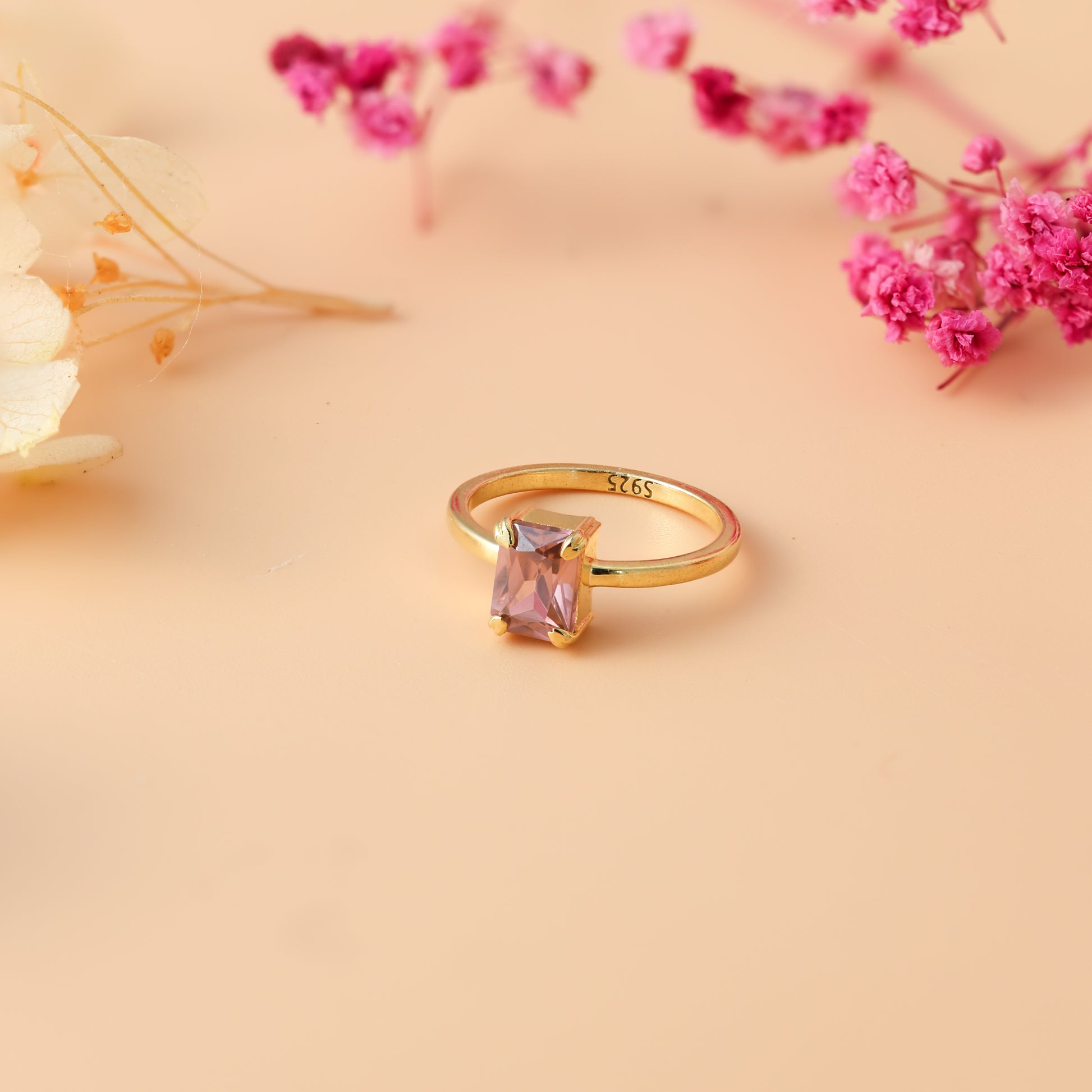 October Pink Tourmaline Emerald Cut Birthstone Ring For Women/Girls 