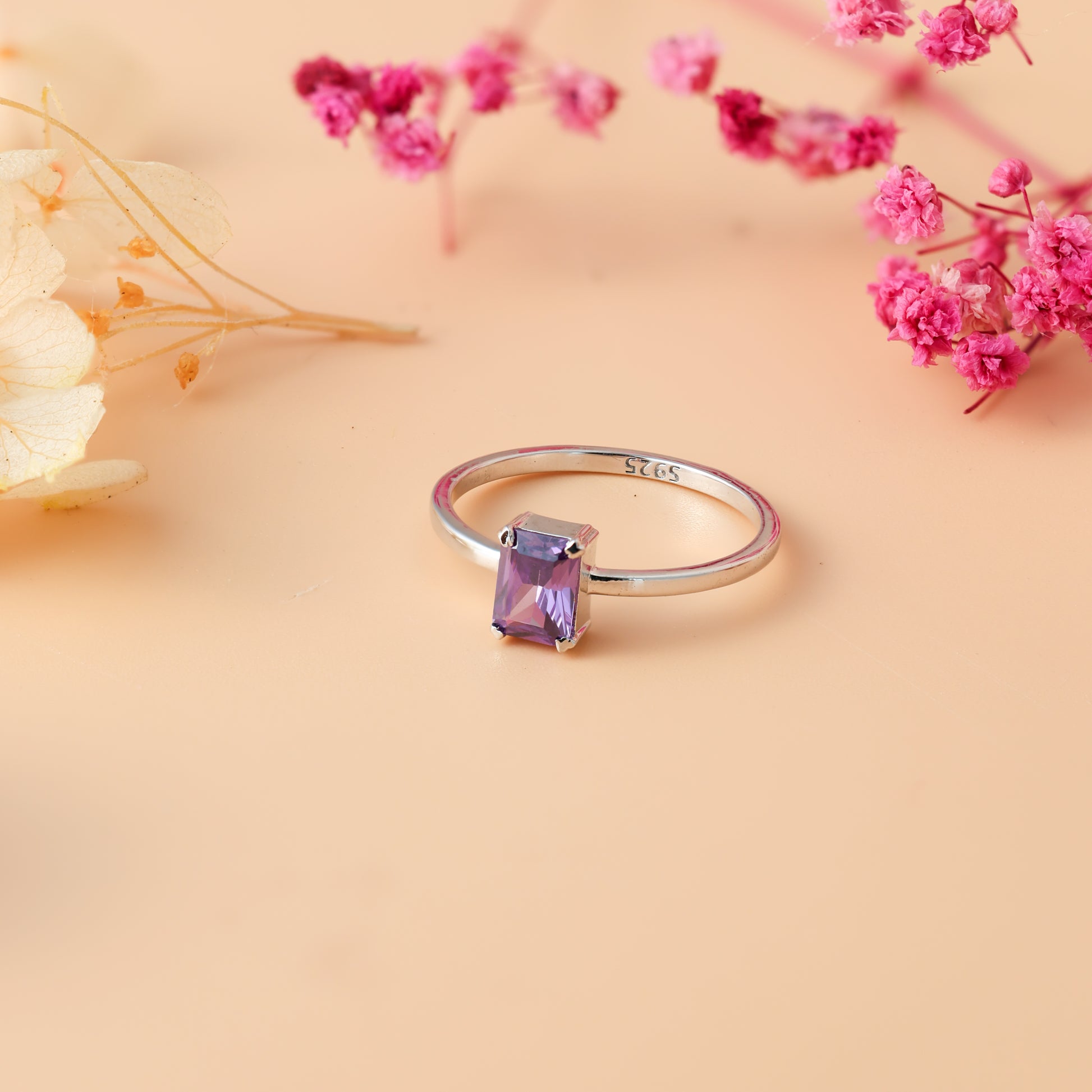 February Amethyst Emerald Cut Birthstone Ring For Women/Girls  