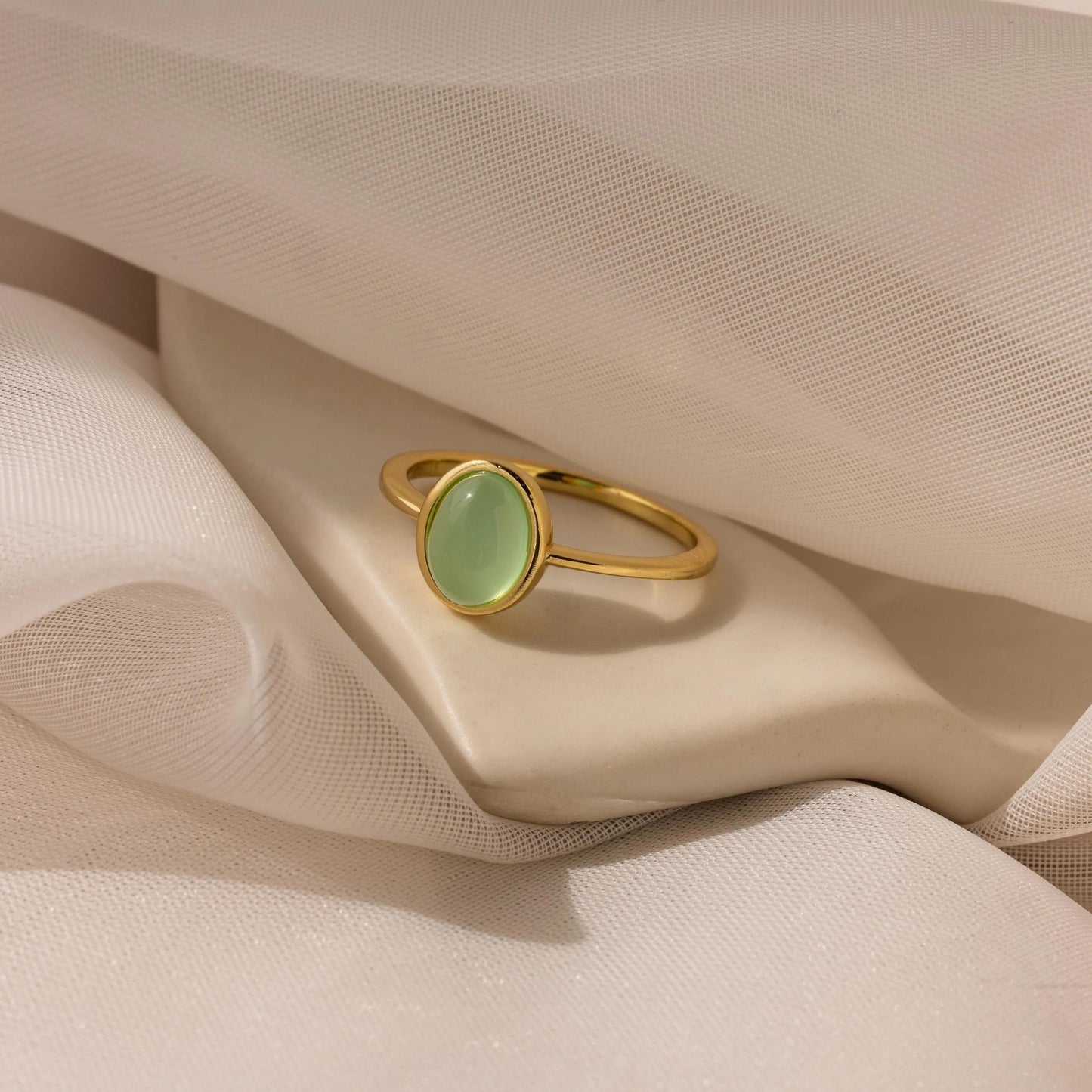 Sterling Silver Jade Oval Ring with Dainty Gold Finish
