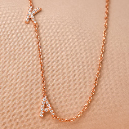 Rose Gold sideways initial necklace with pave stones