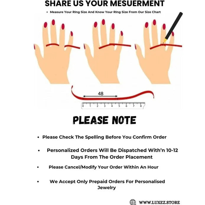 Ring size measurement chart with hands and ruler on a white background