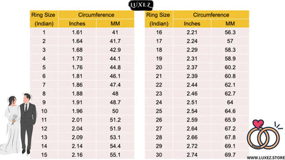 Ring size chart with circumference measurements for Luxez jewelry