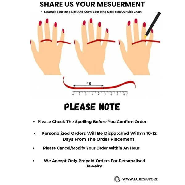 Instructions for measuring ring size with hands and a ruler, accompanied by text on a white background.