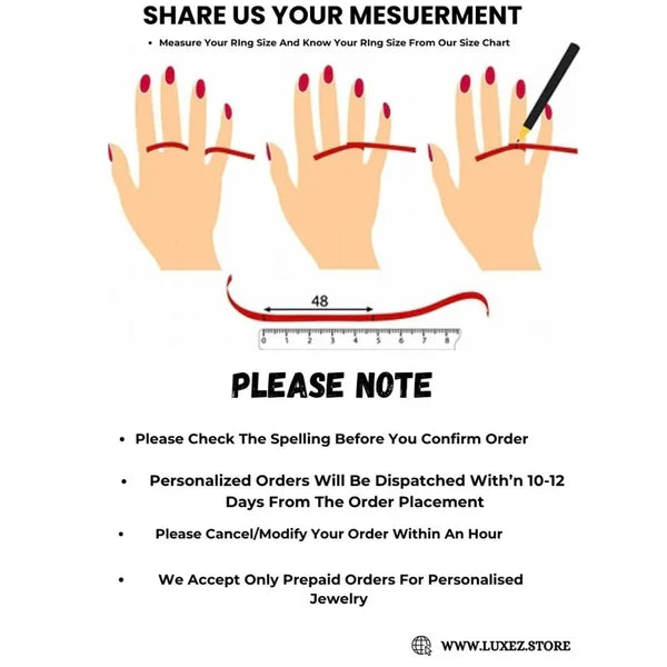 Instructions for measuring ring size with hands and a ruler, accompanied by text on a white background.